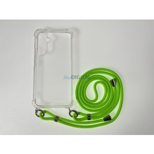 Husa transparenta TPU+PC pentru iPhone 15 Plus, Verde Neon cu cordon