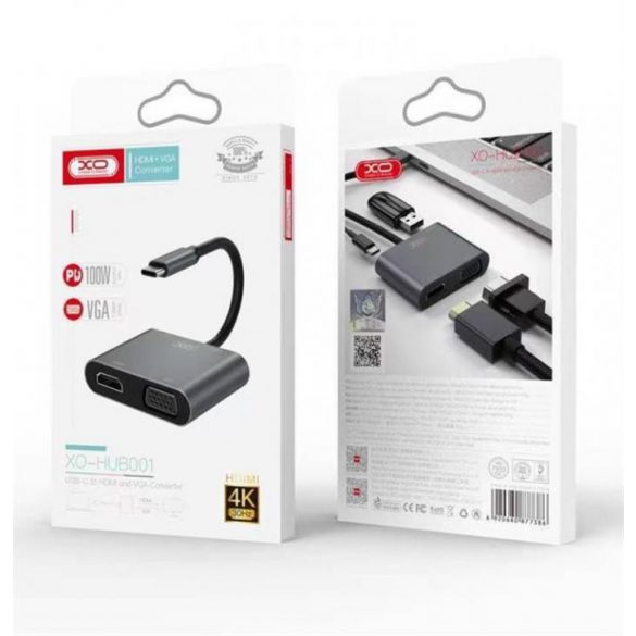 Cablu XO 4in1 Type-C la HDMI/VGA/USB3.0/de date, argintiu