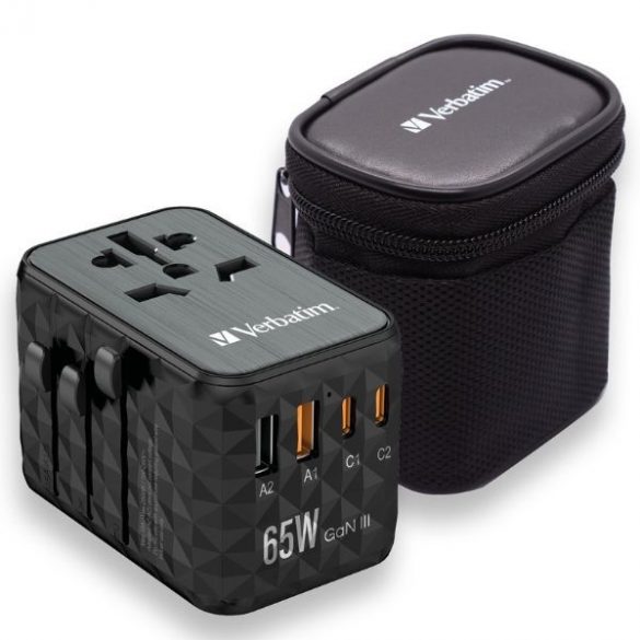 Verbatim Adaptor podróżny EU/UK/US GaN 2xUSB-A/2xUSB-C PD 65W UTA-05 czarny/negru 32120