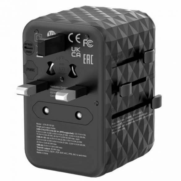 Verbatim Adaptor podróżny EU/UK/US GaN 2xUSB-A/2xUSB-C PD 65W UTA-05 czarny/negru 32120