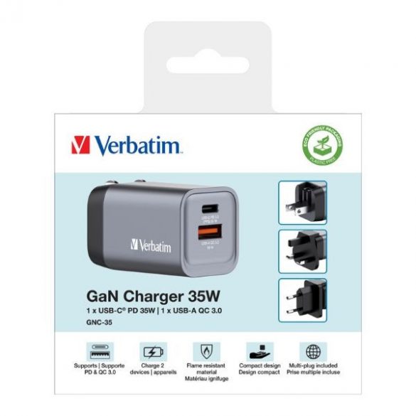 Verbatim Ładowarka sieciowa GaN 35W USB-C/USB-A + Adaptor EU/UK/US GNC-35 32200