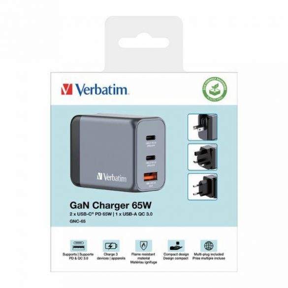 Verbatim Ładowarka sieciowa GaN 65W 2xUSB-C/USB-A + Adaptor EU/UK/US GNC-65 32201