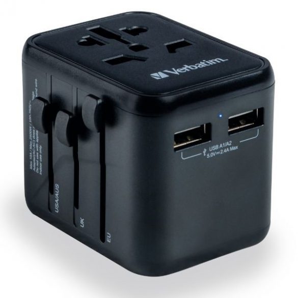 Verbatim Adaptor podróżny EU/UK/US 2xUSB-A UTA-01 czarny/negru 49543