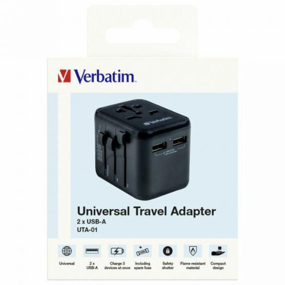 Verbatim Adaptor podróżny EU/UK/US 2xUSB-A UTA-01 czarny/negru 49543