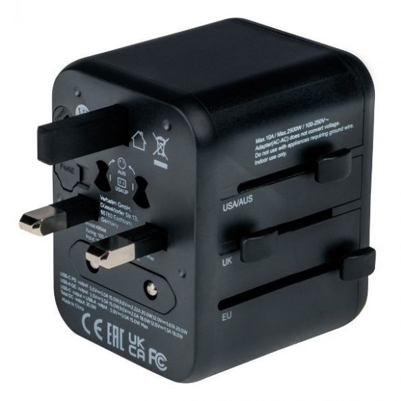 Verbatim Adaptor podróżny EU/UK/US 2xUSB-A/USB-C PD 20W UTA-02 czarny/negru 49544