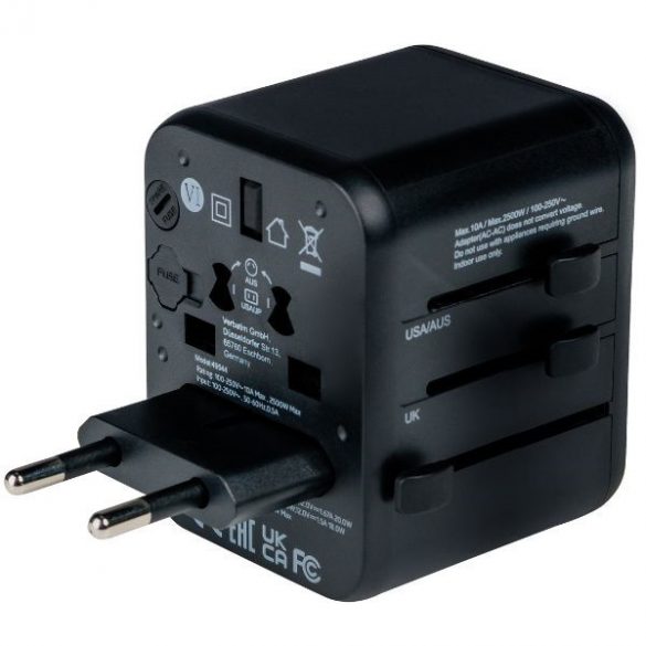 Verbatim Adaptor podróżny EU/UK/US 2xUSB-A/USB-C PD 20W UTA-02 czarny/negru 49544