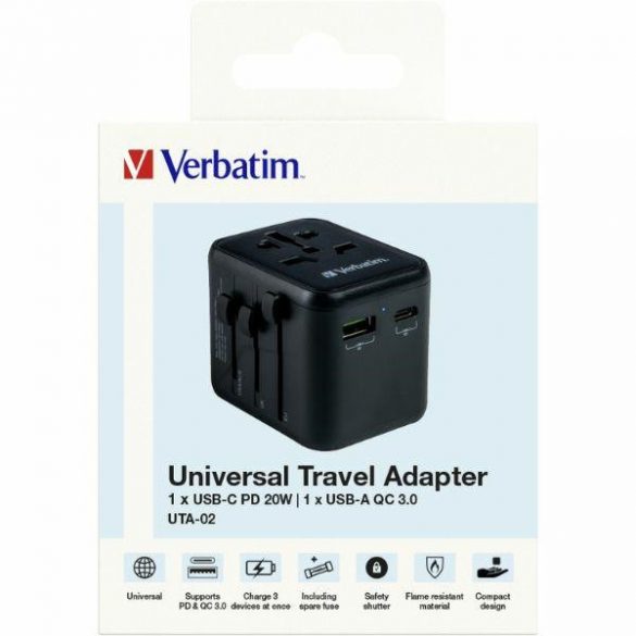 Verbatim Adaptor podróżny EU/UK/US 2xUSB-A/USB-C PD 20W UTA-02 czarny/negru 49544