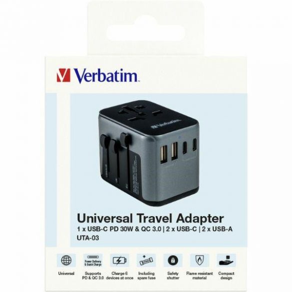 Verbatim Adaptor podróżny EU/UK/US 2xUSB-A/2xUSB-C PD 30W UTA-03 czarny/negru 49545