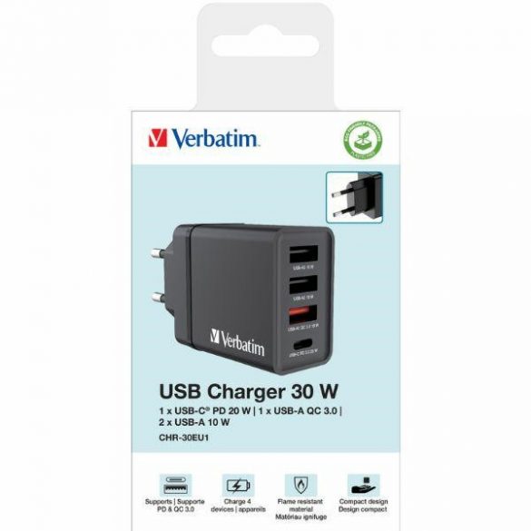 Verbatim Ładowarka sieciowa 30W 3xUSB-A/ USB-C PD 3.0 CHR-30EU2 czarny/negru 49700