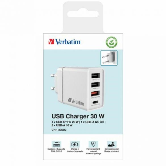 Verbatim Ładowarka sieciowa 30W 3xUSB-A/ USB-C PD 3.0 CHR-30EU2 biały/alb 49701