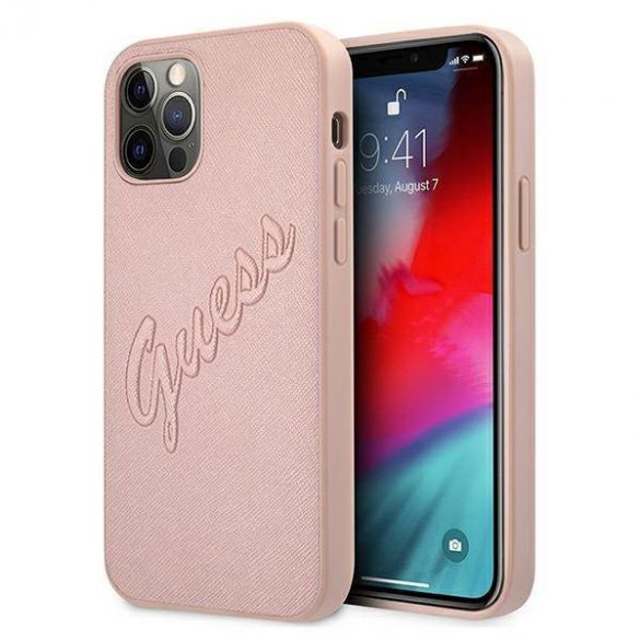 Guess GUHCP12MRSAVSRG Husă rigidă pentru iPhone 12/12 Pro 6,1" rożowy/roz Saffiano Vintage Script