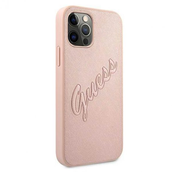 Guess GUHCP12MRSAVSRG Husă rigidă pentru iPhone 12/12 Pro 6,1" rożowy/roz Saffiano Vintage Script