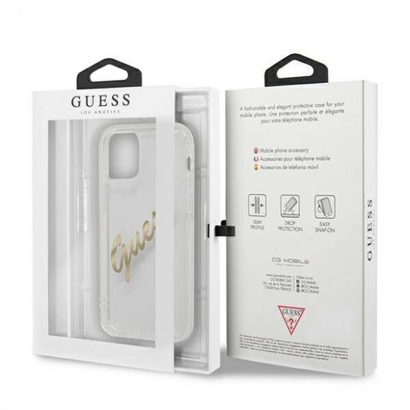 Guess GUHCP12MKTRSVGO Husă transparentă pentru iPhone 12/12 Pro 6,1" Husă Vintage Script Gold