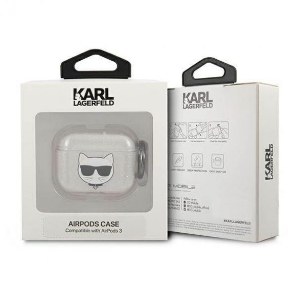 Husa Karl Lagerfeld KLA3UCHGS pentru AirPods 3, husă srebrny/argintiu, husă Choupette cu sclipici