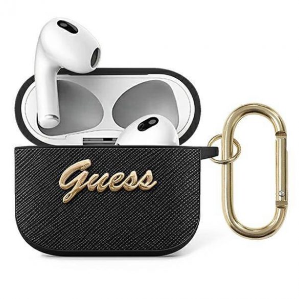 Husă Guess GUA3SASMK pentru AirPods 3, neagră/negru Saffiano Script Metal Collection