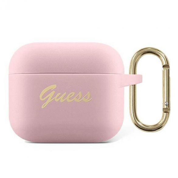 Husă Guess GUA3SSSI pentru AirPods 3, rożowy/roz Husă din silicon Vintage Script