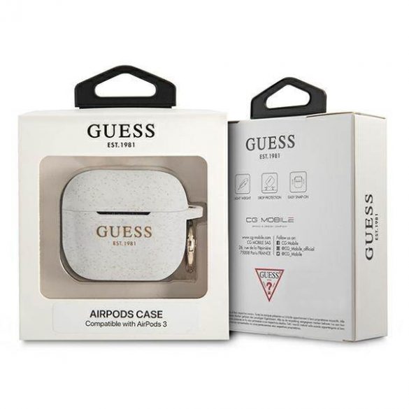 Husă Guess GUA3SGGEH pentru AirPods 3, biał/alb, husă cu sclipici din silicon