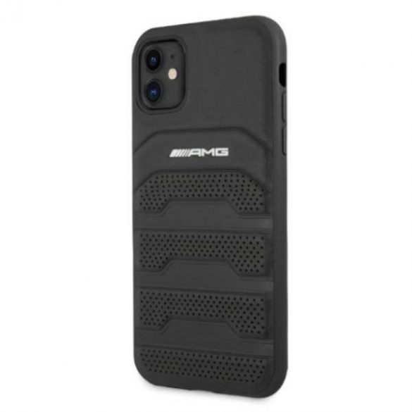 AMG AMHCN61GSEBK Husă rigidă din piele pentru iPhone 11 / Xr 6,1 inchi/negru Linii gravate din piele