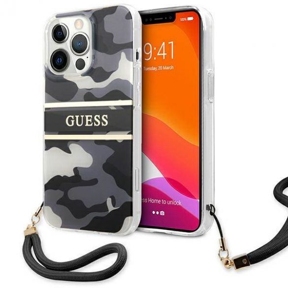 Guess GUHCP13XKCABBK Husă rigidă pentru iPhone 13 Pro Max 6,7 inchi/negru, Camo Strap Collection