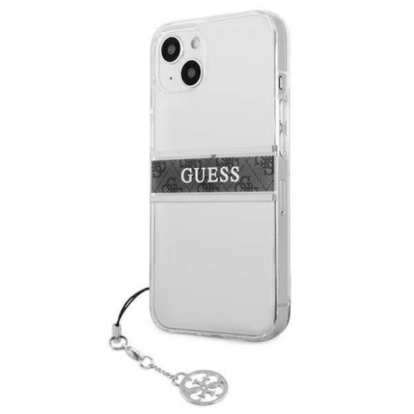 Guess GUHCP13SKB4GGR Carcasă rigidă transparentă pentru iPhone 13 mini 5,4" 4G, gri cu curea Charm