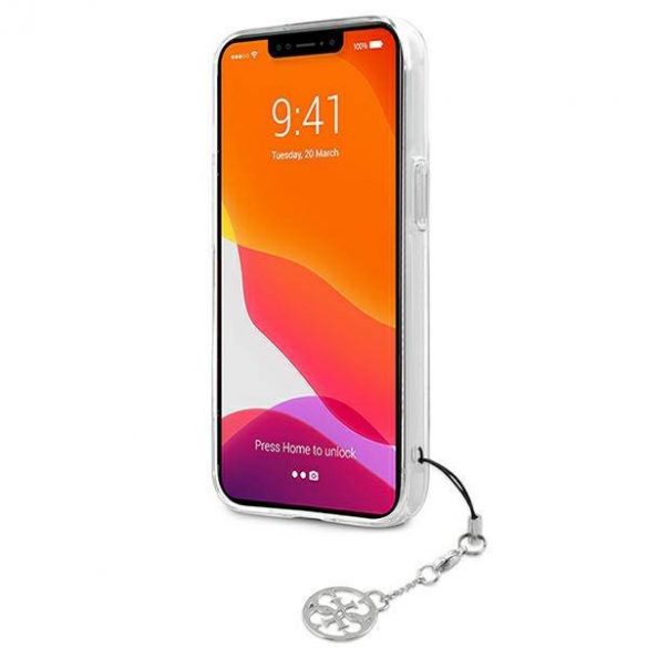 Guess GUHCP13SKB4GGR Carcasă rigidă transparentă pentru iPhone 13 mini 5,4" 4G, gri cu curea Charm