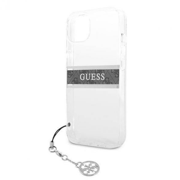 Guess GUHCP13SKB4GGR Carcasă rigidă transparentă pentru iPhone 13 mini 5,4" 4G, gri cu curea Charm