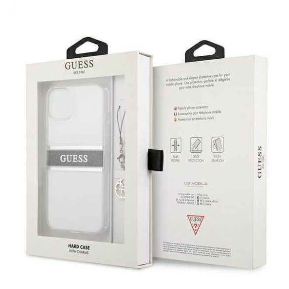 Guess GUHCP13SKB4GGR Carcasă rigidă transparentă pentru iPhone 13 mini 5,4" 4G, gri cu curea Charm