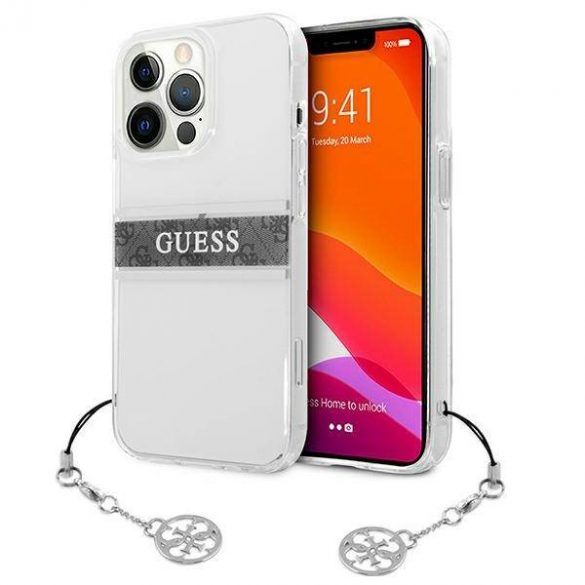 Guess GUHCP13LKB4GGR Carcasă rigidă transparentă pentru iPhone 13 Pro / 13 de 6,1" 4G, gri, curea Charm