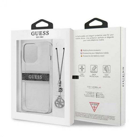 Guess GUHCP13LKB4GGR Carcasă rigidă transparentă pentru iPhone 13 Pro / 13 de 6,1" 4G, gri, curea Charm