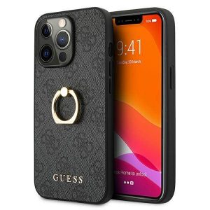 Guess GUHCP13L4GMRGR Carcasă rigidă pentru iPhone 13 Pro / 13 6,1" szary/gri, cu suport inel 4G