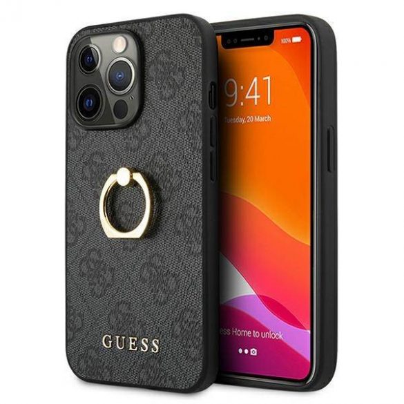 Guess GUHCP13L4GMRGR Carcasă rigidă pentru iPhone 13 Pro / 13 6,1" szary/gri, cu suport inel 4G