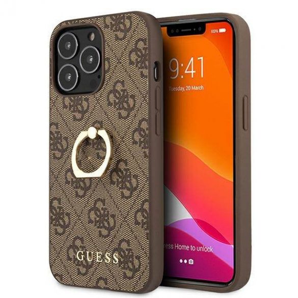 Guess GUHCP13L4GMRBR Carcasă rigidă pentru iPhone 13 Pro / 13 6,1" maro/brązowy, cu suport inel 4G