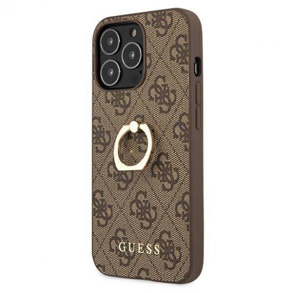 Guess GUHCP13L4GMRBR Carcasă rigidă pentru iPhone 13 Pro / 13 6,1" maro/brązowy, cu suport inel 4G