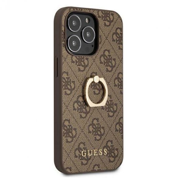 Guess GUHCP13L4GMRBR Carcasă rigidă pentru iPhone 13 Pro / 13 6,1" maro/brązowy, cu suport inel 4G