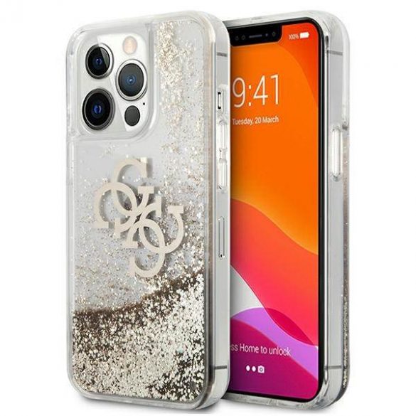 Guess GUHCP13XLG4GGO Carcasă rigidă 4G Big Liquid Glitter pentru iPhone 13 Pro Max, 6,7" złoty/aurie