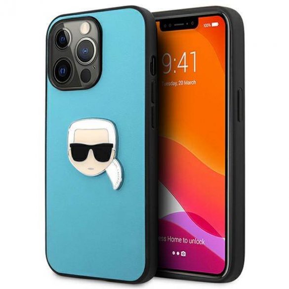 Karl Lagerfeld KLHCP13XPKMB iPhone 13 Pro Max 6,7" niebieski/albastru Husă rigidă din piele Ikonik Karl's Head Husă metalică