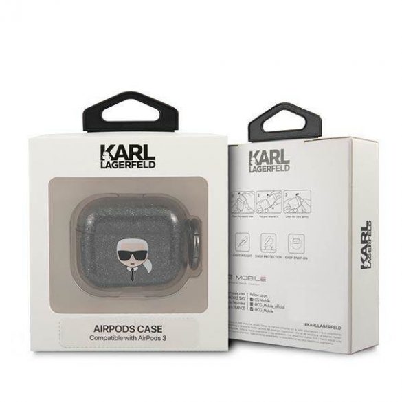 Husa Karl Lagerfeld KLA3UKHGK AirPods 3 carnaș/negru cu sclipici Karl's Head