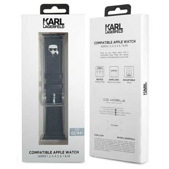 Karl Lagerfeld Pasek KLAWLOKHK Apple Watch 42/44/45/49mm curea czarny/negru Saffiano Karl Heads