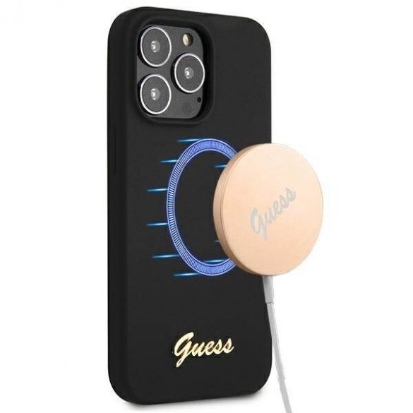 Guess GUHMP13LLSLMGBK iPhone 13 Pro / 13 6,1" negru/negru hard Husă Silicon Script Gold Logo MagSafe husă