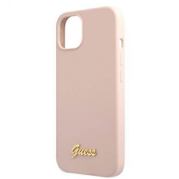 Guess GUHMP13MLSLMGLP iPhone 13 / 14 / 15 6.1" jasnoróżowy/roz deschis husă rigidă Silicon Script Gold Logo Magsafe