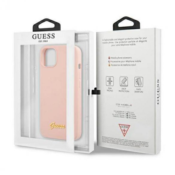 Guess GUHMP13MLSLMGLP iPhone 13 / 14 / 15 6.1" jasnoróżowy/roz deschis husă rigidă Silicon Script Gold Logo Magsafe