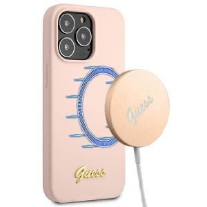 Guess GUHMP13LLSLMGLP Carcasă rigidă pentru iPhone 13 Pro / 13 6,1" jasnoróżowy/roz deschis Silicone Script Gold Logo Magsafe