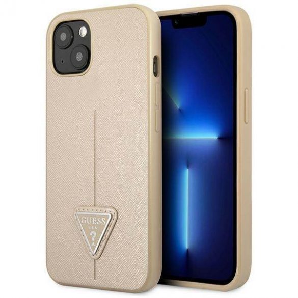 Guess GUHCP13SPSATLE Husă rigidă pentru iPhone 13 mini 5,4" beżowy/bej SaffianoTriangle Logo