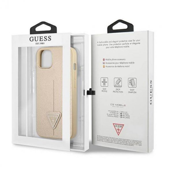 Guess GUHCP13SPSATLE Husă rigidă pentru iPhone 13 mini 5,4" beżowy/bej SaffianoTriangle Logo