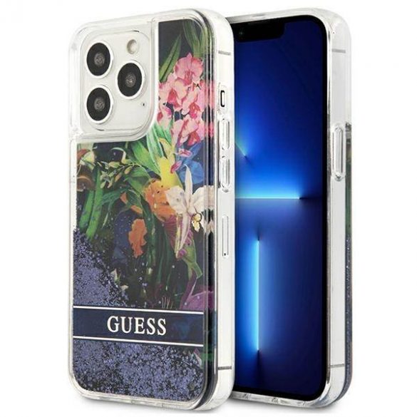 Guess GUHCP13LLFLSB iPhone 13 Pro / 13 6,1" niebieski/blue hardcase Husa Flower Liquid Glitter