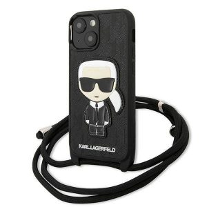 Karl Lagerfeld KLHCP13SCMNIPK Husă rigidă de 5,4 inchi pentru iPhone 13 mini, piele neagră/czarny, husă cu monogramă și cordon Iconik