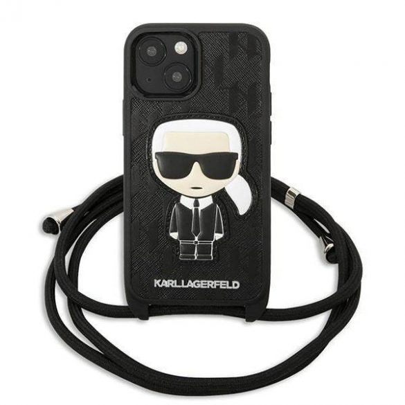 Karl Lagerfeld KLHCP13SCMNIPK Husă rigidă de 5,4 inchi pentru iPhone 13 mini, piele neagră/czarny, husă cu monogramă și cordon Iconik