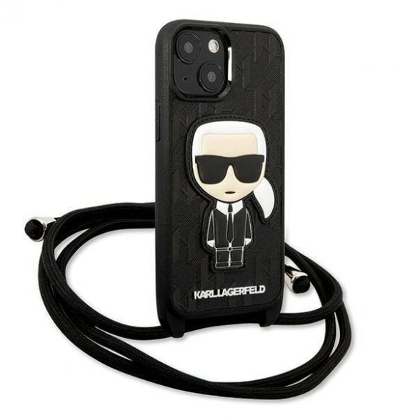 Karl Lagerfeld KLHCP13SCMNIPK Husă rigidă de 5,4 inchi pentru iPhone 13 mini, piele neagră/czarny, husă cu monogramă și cordon Iconik