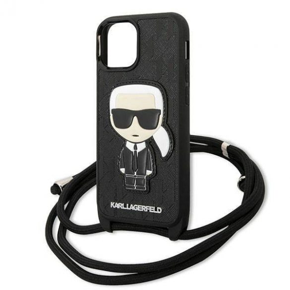 Karl Lagerfeld KLHCP13SCMNIPK Husă rigidă de 5,4 inchi pentru iPhone 13 mini, piele neagră/czarny, husă cu monogramă și cordon Iconik