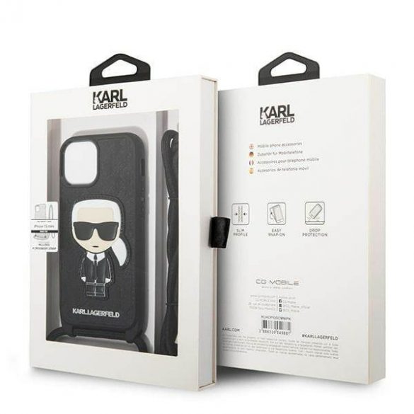 Karl Lagerfeld KLHCP13SCMNIPK Husă rigidă de 5,4 inchi pentru iPhone 13 mini, piele neagră/czarny, husă cu monogramă și cordon Iconik